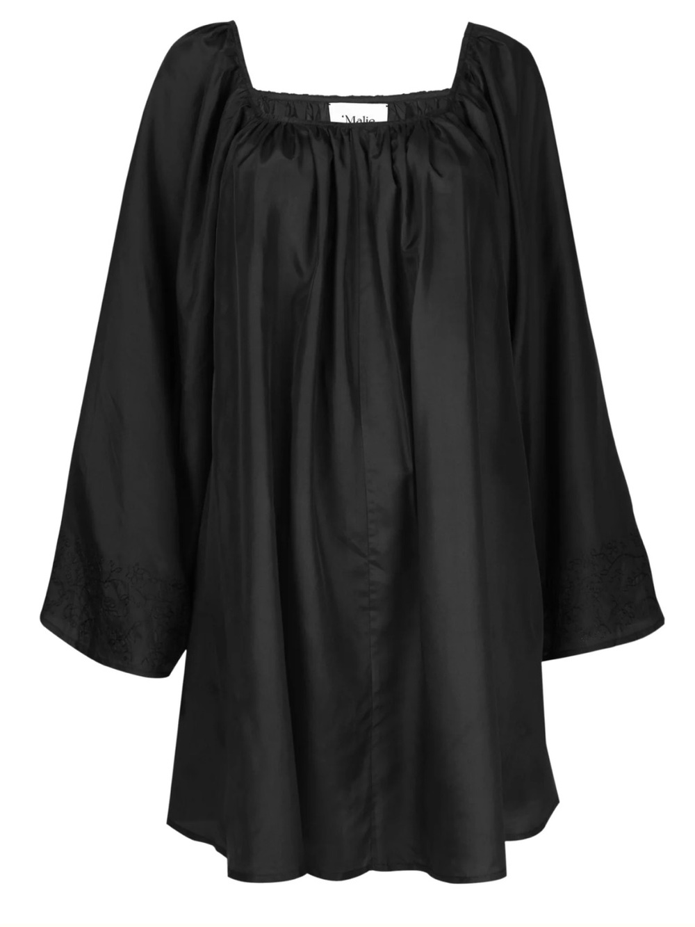 MALIE Ombra Dress 100% Silk Black Tonal Embroidered Cuffs Bell Sleeve Flowy US 4